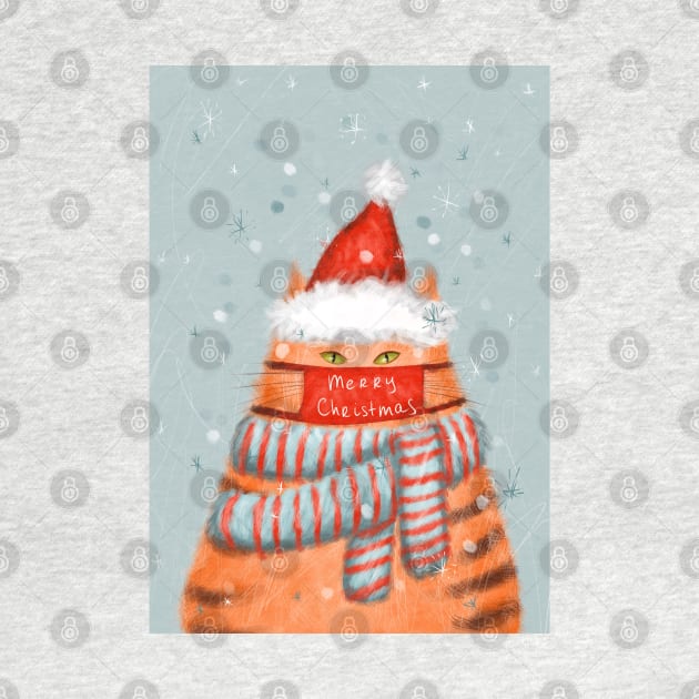 Merry Christmas greeting winter card with cute fluffy cats in red Santa hats and scarves by Olena Tyshchenko